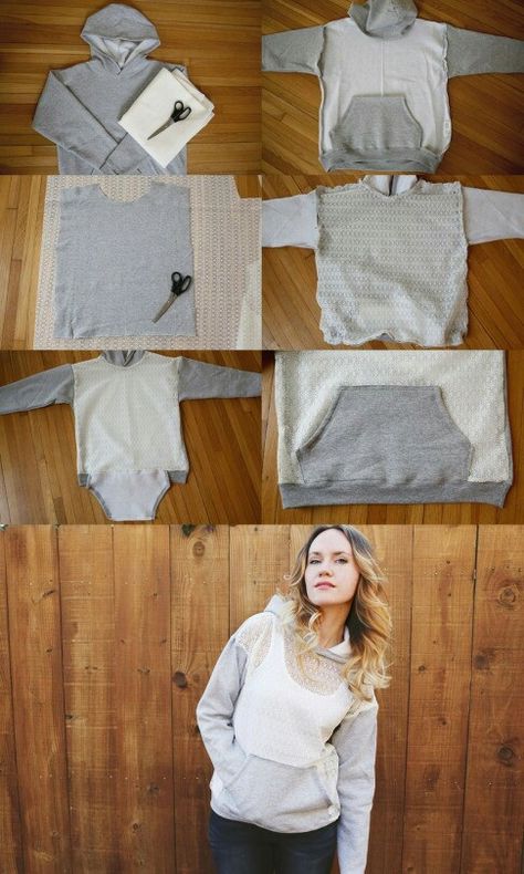 Diy Sweatshirt Refashion, Diy Clothes Tutorial, Sweatshirt Refashion, Lace Hoodie, Hoodie Diy, Lace Diy, Sweater Refashion, Diy Sweatshirt, Diy Vetement