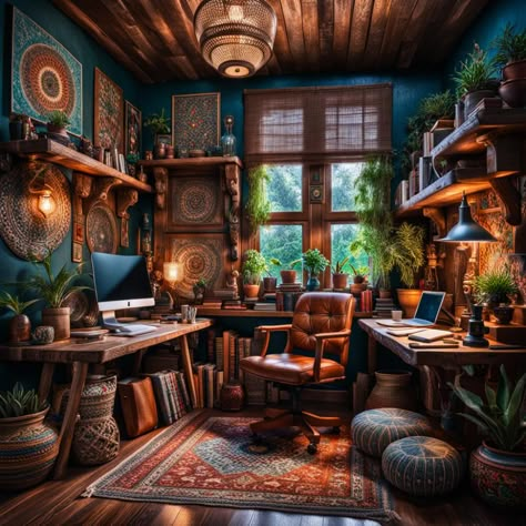 Bohemian home office Mystical Office, Academia Classroom, Maximalist Office, Witchy Office, Cottage Workshop, Dark Academia Bedroom Ideas, Home Office Inspo, Bohemian Home Office, Cottage Office