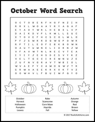 This free October Word Search Printable for Kids is perfect for a class party, Halloween party, or fall party. This free instant download word search puzzle features October terms and some coloring areas. | Real Life at Home Sight Words Word Search Free Printable, October Word Search, Class Party Halloween, Nwea Map Practice, October Printables, Autumn Word Search, Fall Word Search, Halloween Activity Sheets, Veterans Day Coloring Page