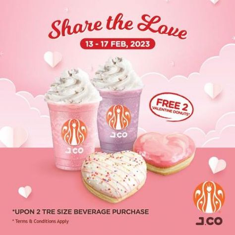 J.Co Donut & Coffee Valentine's Day FREE Valentine's Donuts Promotion from 13 February 2023 until 17 February 2023 Jco Donuts, Donut Coffee, Cute Graphic Design, Cream Poster, Food Deals, Ice Cream Poster, 2023 Food, Food Promotion, Product Ads