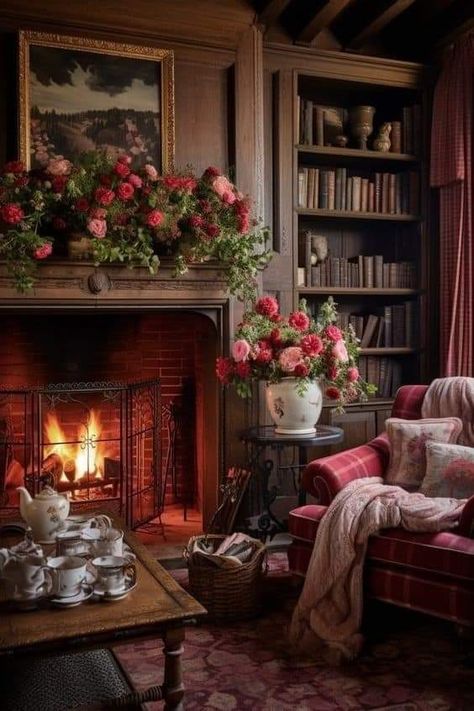 Chairs In Front Of Fireplace Cozy, Cozy Autumn Home Decorating Ideas, Romantic Academia Living Room, Moody English Cottage Living Room, Inspirational Living Room Ideas, Cozy House Aesthetic Living Room, Cottage Country Living Room, Cozy Lived In Living Room, Cottagecore Armchair