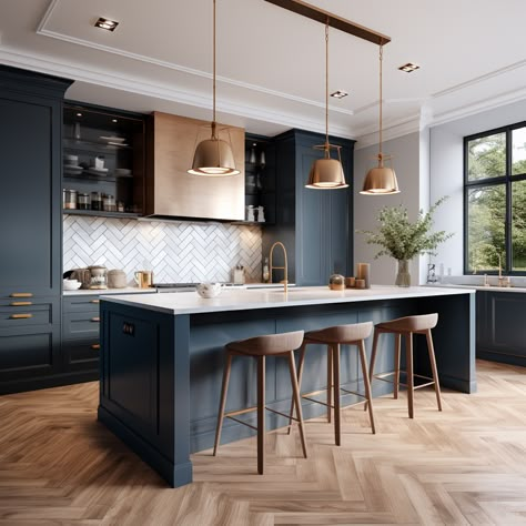 Deep Navy Kitchen, Modern Kitchen Navy Blue, Navy Kitchen Ideas With Island, Modern Kitchen Wooden Floor, Navy Kitchen Flooring Ideas, Kitchen Interior Navy Blue, Deep Blue Interior Design, Neoclassic Kitchen Design Luxury, Navy Kitchen Modern