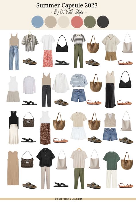 Simple Travel Outfits Summer, Feb Outfits, Summer Essentials Clothes, Summer Holiday Capsule Wardrobe, London Fashion Summer, Summer Office Casual, Seasonal Capsule Wardrobe, Capsule Wardrobe For Summer, Minimalist Classic Style