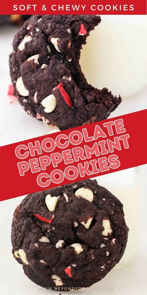 Holiday Double Chocolate Peppermint Cookies are soft dark chocolate cookies with white chocolate chips and Andes peppermint crunch. Peppermint Cookie Recipe, Christmas Cookies Recipe, Peppermint Crunch, Easy Christmas Cookies, Chocolate Christmas Cookies, Chocolate Peppermint Cookies, Chewy Chocolate Cookies, Christmas Baking Recipes, Dark Chocolate Cookies