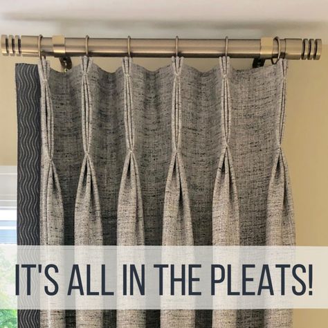 Types Of Drapery Pleats, How To Sew Drapes, Drapery Pleat Styles, How To Hang Pinch Pleat Curtains, Pinch Pleated Drapes Living Rooms, Types Of Curtain Pleats, Curtain Pleats Styles, Black Curtains Living Room, Inverted Pleat Drapery