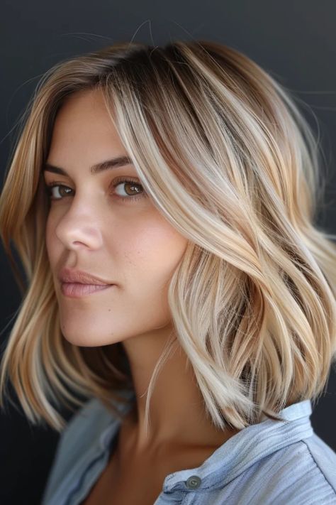 Woman with shoulder-length balayage hairstyle looking at the camera with a subtle smile against a dark background. Short Blonde Hair Color Ideas For Summer, Miranda Derrick Hair, Summer Hair Color Ideas, Summer Blonde Hair, Blonde Hair Transformations, Blonde Hair Inspiration, Blonde Hair Looks, Peinados Fáciles Para Cabello Corto, Hair Affair