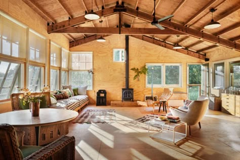 Off the Grid: A Stylish, Low-Impact Retreat in Sonoma by Charles de Lisle - Remodelista Knotty Pine Rooms, Noguchi Lamp, Black Painted Walls, Interior Shutters, Silk Purse, Country Retreat, Isamu Noguchi, Bentwood Chairs, Free Standing Bath