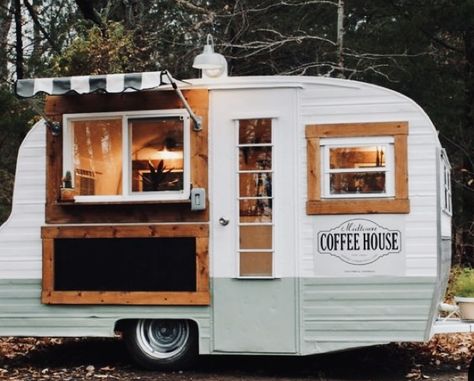 Coffee Shop Trailer- The Beginning Coffee Shed Ideas, Cute Coffee Trailer, Vintage Food Trailer, Coffee Truck Interior Design, Trailer Shop Mobile Boutique, Cafe On Wheels, Diy Coffee Trailer, Camper Coffee Shop, Trailer Pop Up Shop