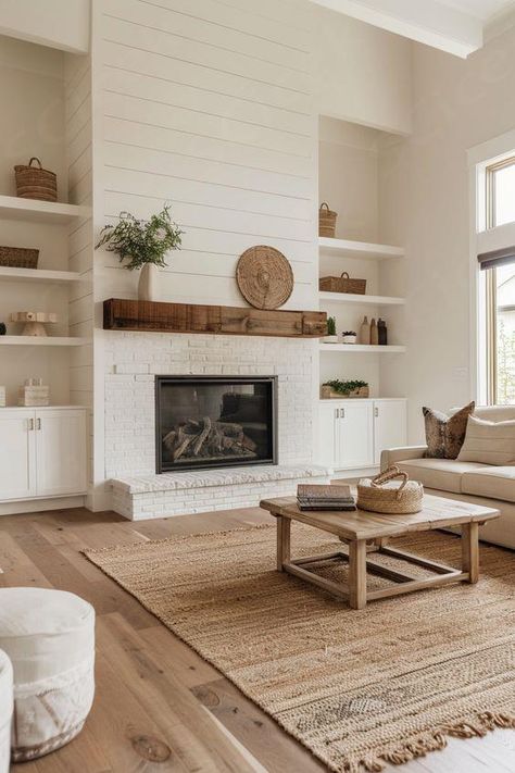 15 Stylish Shiplap Fireplace Ideas to Transform Your Living Space – Everyday Inspo Fireplace On Carpet Living Rooms, Shiplap Fireplace With Brick Hearth, Living Room French Country Modern, Modern Farmhouse Remodel Ideas, Florida Fireplace Ideas, Living Room Update Ideas, White Farmhouse Fireplace, Modern Farmhouse Living Rooms Ideas, Shiplap Living Room Ceiling