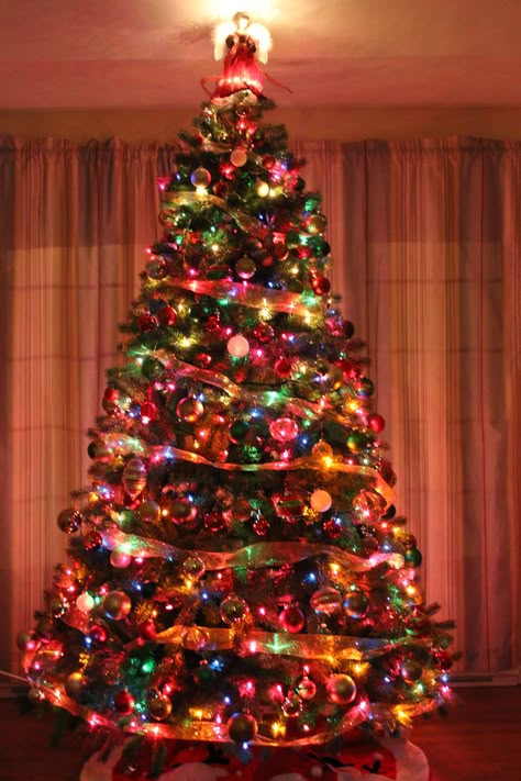 I do all white and silver, but I love the traditional multicolor on other people's trees. Colored Christmas Tree Lights, Christmas Tree With Colored Lights, Christmas Tree Colored Lights, Christmas Tree With Coloured Lights, Tree With Colored Lights, Colored Christmas Tree, Colored Christmas Lights, Birth Colors, Christmas House Lights