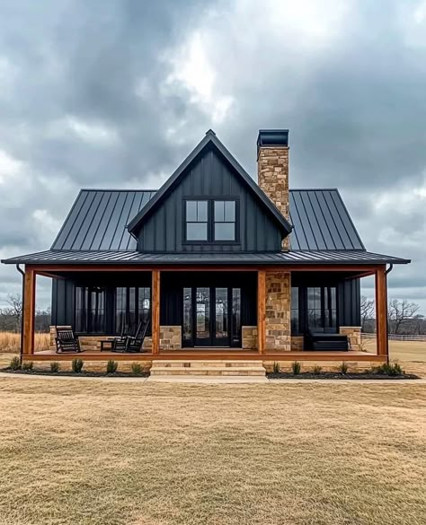 Barndominium Black Exterior, Black Barndominium Floor Plans, Moody Farmhouse Exterior, Dark Barndominium, Dark Barndominium Exterior, Cedar House Exterior, White House Black Trim Cedar Accents, Black And Cedar House Exterior, Black Barndominium Exterior