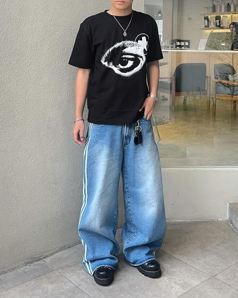 Oversized Outfit Men, Estilo Hipster, Loafers Outfit, Y2k Harajuku, Black Punks, Retro Jeans, Tops Men, Oversized Outfit, Streetwear Pants