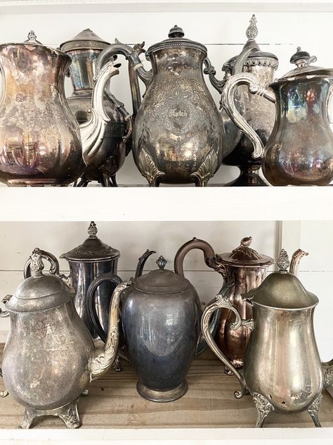 How To Display Silver Tea Service, Silver Tea Pot Centerpieces, Vintage Silver Teapot, Silver Tea Pot Repurposed, Silver Teapot Centerpiece, Tea Pot Decorating Ideas, Elegant Vintage Home Decor, Silver Teapot Decor, Painted Silver Tea Sets