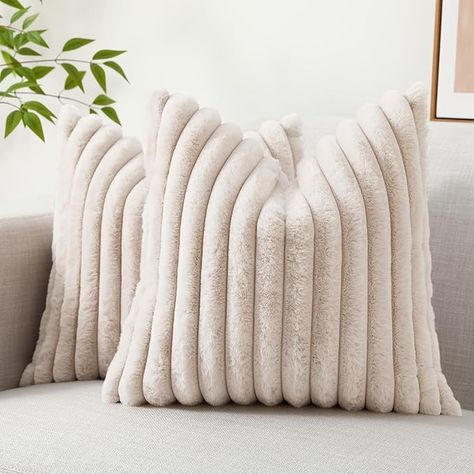 Amazon.com: decorUhome Faux Fur Throw Pillow Covers 20x20 Set of 2, Decorative Soft Plush Striped Couch Pillow Covers with Velvet Back for Sofa, Bed, Living Room, Khaki : Home & Kitchen Striped Couch, Neutral Pillow Covers, Sofa Bed Living Room, Beige Pillow Covers, Bed Living Room, Modern Pillow Covers, Couch Pillow Covers, Neutral Pillows, Beige Pillows