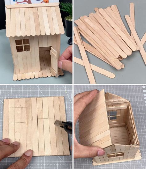 Popsicle House Easy, What Can You Make Out Of Popsicle Sticks, Popsicle Stick Crafts House Easy, Popsicle Stick House Instructions, Craft Stick Crafts Diy Projects, House Made Of Popsicle Sticks, Kids Crafts Popsicle Sticks, Popsicle Stick Gingerbread House, Popsicle Sticks House