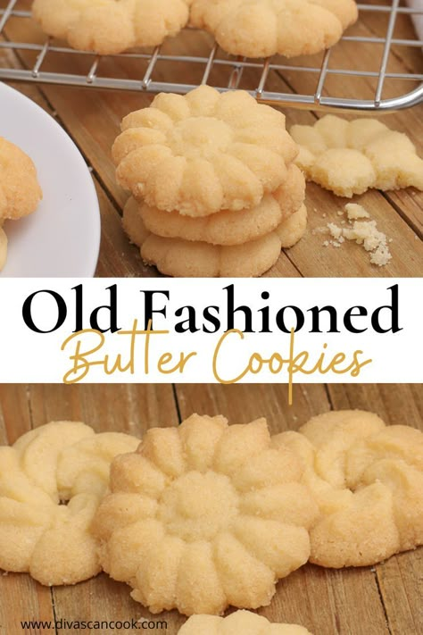 Buttery, crispy, melt-in-your-mouth goodness! Nothing like old-fashioned butter cookies! Betcha can’t eat just one! Crisco Shortening Cookies, How To Make Butter Cookies Recipes, Old School Butter Cookies, Worlds Best Butter Cookies, Assorted Cookies Recipe, Vanilla Butter Cookies Recipe, Old Fashion Cookie Recipes Grandmothers, The Best Butter Cookies, Shirt Bread Cookies Recipe