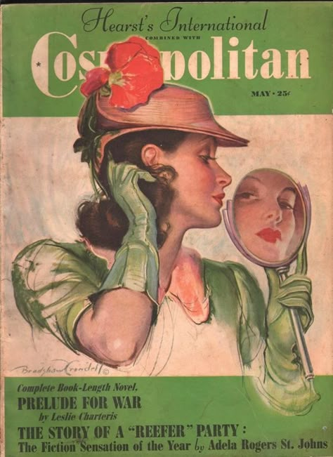 1940s Vintage Magazine Cover for Cosmopolitan- The Story Of A "Reefer" Party. Magazine Illustration/ 1940s Fashion/ 1940s Vintage Hat #1940s #1940sfashion #Magazine #Magazineillustration #vintagemagazine Magazine Wall, Old Magazine, Patron Vintage, Cosmopolitan Magazine, Magazine Illustration, Old Magazines, Vintage Poster Art, Vintage Magazines, A Mirror