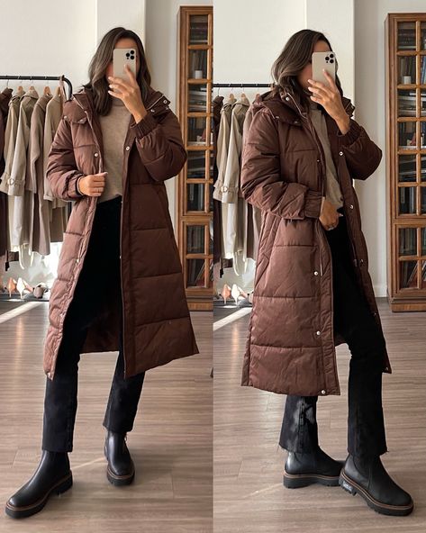 Brown Puffer Jacket Outfit, Puffer Jacket Outfit Winter Style, Long Puffer Jacket Outfit, Long Jacket Outfit, Japan Outfit Winter, Life With Jazz, Puffer Coat Outfit, Brown Winter Coat, Brown Puffer Jacket