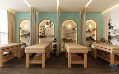 Salon Painting Ideas, Massage Clinic Design, Massage Studio Design, Spa Interior Design Plan, Japanese Spa Design, Massage Spa Design, Spa Massage Room Design, Spa Decoration Ideas, Indoor Spa Room