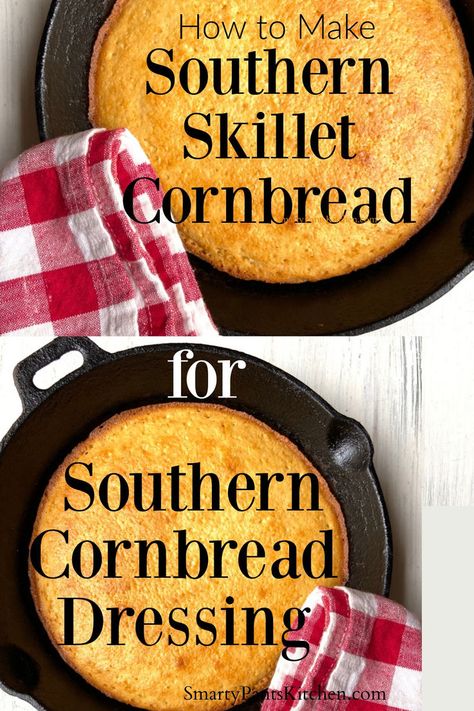 Two pans of cornbread in cast iron skillets. New Years Day Menu, Easy Southern Cornbread, Southern Cornbread Salad, Iron Skillet Cornbread, Southern Cornbread Recipe, Southern Style Cornbread, Southern Side Dishes, Cornbread Salad, Moist Cornbread