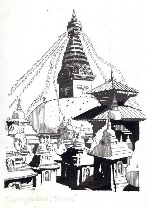 Swayambhunath Temple, Kathmandu, Nepal. Ink drawing by Dean Thody Nepal Temple Drawing, Dashain Festival Nepal Drawing, Dashain Drawing, Nepali Tattoo Design, Nepal Sketch, Nepal Drawing, Nepali Tattoo, Nepal Painting, Nepal Architecture