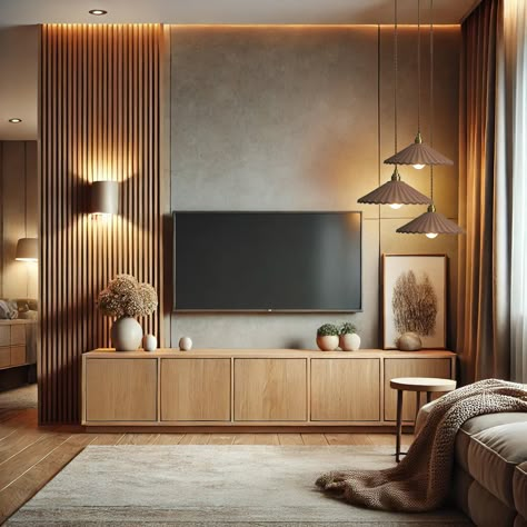 Off Center Tv Wall Living Room, Living Room Wooden Wall Decor Ideas, Asymmetric Media Wall, Tv Wall Design Mid Century Modern, Wooden Panel Living Room, Mid Century Media Wall, Japandi Living Room Tv Wall, Wood Slat Living Room, Living Room Arches