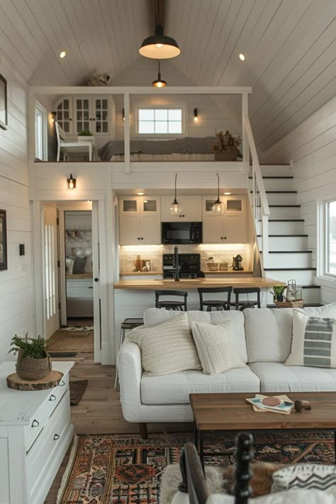 16 Unique Modern Tiny House Ideas to Inspire 55 Tiny Home Big Windows, Stylish House Interior Design, Tiny Home With Walk In Closet, Loft In House Ideas, 2 Story Tiny House Interior, Small Home Loft Ideas, Cute Tiny Home Ideas, Luxury Tiny House Floor Plans, Compact Home Design