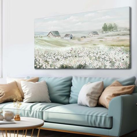 Amazon.com: VAYIMDH Farmhouse Wall Art White Flowers Painting Rustic Scenery Green Pictures Wall Decor 24"x 48" Meadow Prints for Living Room Dining Room Bedroom Aesthetic: Posters & Prints Bedroom Aesthetic Posters, Art Over Couch, Room Bedroom Aesthetic, Farmhouse Artwork, Beauty Of Space, Farmhouse Paintings, Pictures Wall Decor, Farmhouse Canvas, Wall Decor Prints