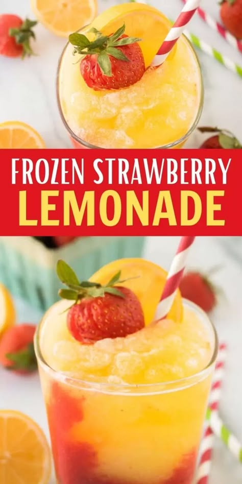 Frozen strawberry lemonade - frozen strawberry lemonade recipe Slushes Recipes, Boozy Slushies, Frozen Strawberry Lemonade Recipe, Slushie Recipes, Frozen Fruit Drinks, Family Friendly Dinner Recipes, Summer Drink Recipe, Frozen Strawberry Lemonade, Slushy Drinks