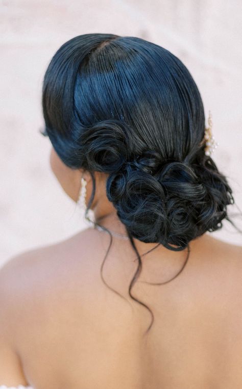 Wedding Bridesmaid Hair Black Women, Back Bun Wedding Hair, Black Women Updos For Wedding, Braidmaids Hairstyles Ponytail, Wedding Pinups Hairstyles Black Women, Wedding Updo For African American Hair, Low Bun Wedding Hair Black Bride, Bridal Pin Up Hairstyles Black Women, African Bride Hairstyles Black Women