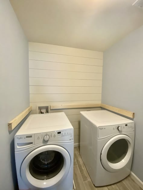 Diy Laundry Room Makeover, Blue Accent Wall, Laundry Room Countertop, Diy Laundry Room, Diy Garage Storage Cabinets, Garage Mudroom, Tiny Laundry Rooms, Blue Accent Walls, Dream Laundry Room