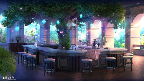 ArtStation - elf cafe, wl 555 Coffee Shop Ambience, Relaxing Nature, Fantasy Shop, Cafe Concept, Anime Places, Fantasy Rooms, New Retro Wave, Fantasy Background, Scenery Background