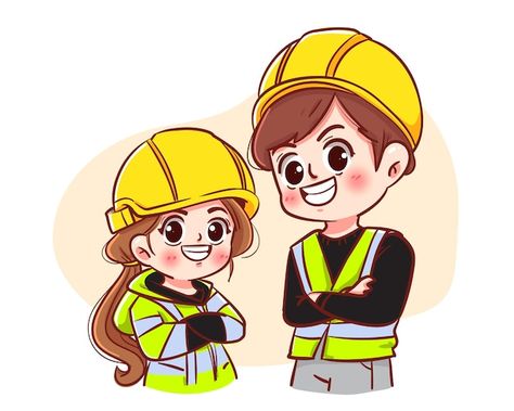 Safety man and safety woman concept main... | Premium Vector #Freepik #vector #occupational-safety #foreman #engineer-cartoon #safety-man Engineer Cartoon, Cartoon Art Illustration, Jw Pioneer, Cute Bunny Cartoon, Line Art Vector, Jw Gifts, Cat Icon, Mascot Design, Couple Drawings