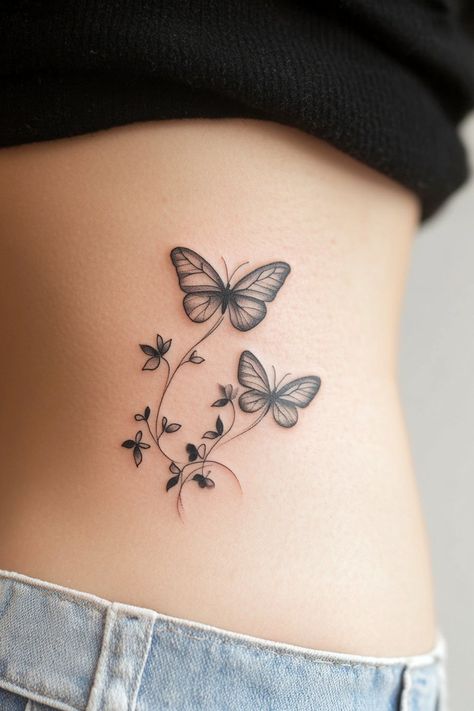 Butterfly Leaves Tattoo, Animal Related Tattoos, Floral With Butterfly Tattoo, Simple Butterfly And Flower Tattoo, Lotus With Butterfly Tattoo, Butterfly Tattoo With Vines, Tattoes Idea Aesthetic, Butterfly Back Tattoo Women, Back Tattoo Women Butterfly