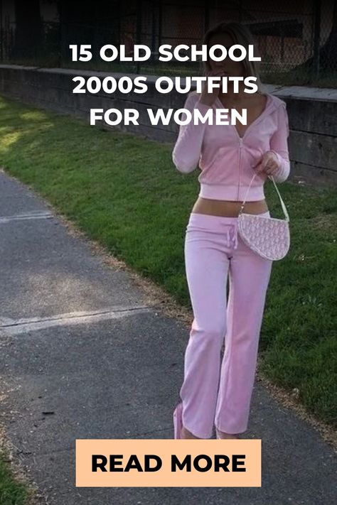 Woman in early 2000s style outfit including pink tracksuit and small handbag, with a call-to-action to read more about old school fashion. 2000fashion Outfits, 2001 Outfit Ideas, Late 1990s Fashion Early 2000s, 2000s Hoodie Outfit, 1999-2000 Outfit Ideas, Women Y2k Outfits, 2000 Iconic Outfits, 2000s Teacher Outfits, 2004 Outfits Aesthetic