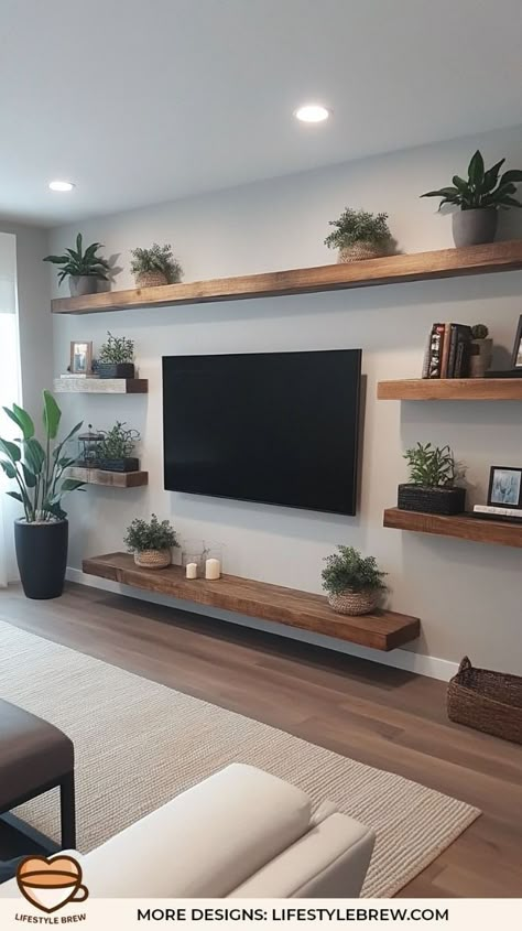 Pictures On Wall Ideas Living Room Layout Floating Shelves, Simple Home Furniture Ideas, Flat Wall Living Room Ideas, Tvs On Walls Ideas, Rustic Lounge Room Ideas, Tv Wall For Living Room, Flat Living Room Ideas Modern, Plants Under Tv Living Rooms, Living Room Wall Decor With Tv