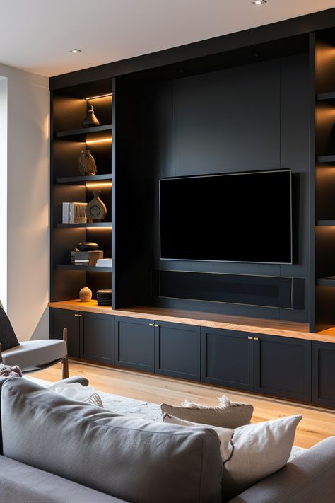 Black Lounge Wall, Black And White Built Ins Living Room, Black Living Room Panelling, Black And Wood Basement, Tv Room Ideas Modern Luxury, Media Room Storage Ideas, Media Wall Black, Moody Basement Living Room, Black White Wood Living Room