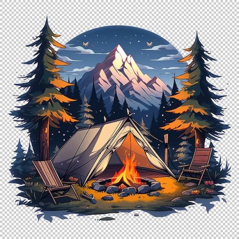 Campfire tent in the mountain | Premium Psd #Freepik #psd #night #nature #tree #mountain Vintage Tshirt Design, Tree Mountain, Camper Art, Night Nature, Mountain Drawing, Iphone Wallpaper Landscape, Nature Camping, Tshirt Printing Design, Photos For Profile Picture