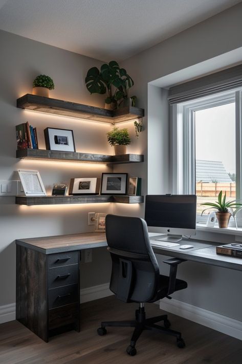 71-Corner-Space-with-Floating-Shelves.webp (532×799) Corner Desk With Floating Shelves, Office Design With Bookshelves, Floating Shelves Office Desk, In House Office Ideas, Modern Work Office Design, Small Office With Corner Desk, Corner Office Desk Ideas Small Spaces, Single Room Office Design, Decorating Office Bookshelves