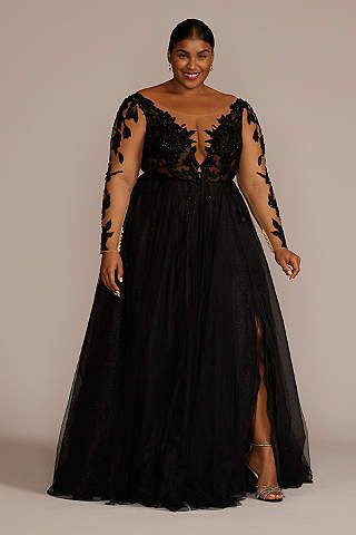 View Long Sleeves Long Wedding Dress at David's Bridal Plus Size Black Wedding Dresses, Black Wedding Dresses Plus Size, Plus Size Gala Dress, Plus Size Semi Formal, Lace Maxi Dresses, Black V Neck Long Sleeve, Witches Ball, Ball Outfit, Black Wedding Gowns