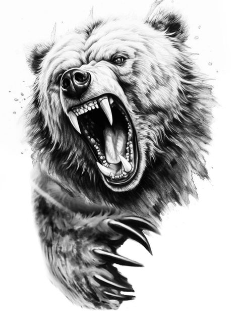 Grizzly Bear Tattoos, Lup Singuratic, Bear Tattoo Designs, Animal Sleeve Tattoo, Tier Tattoo, Gorilla Tattoo, Bear Artwork, Bear Tattoos, Bear Drawing