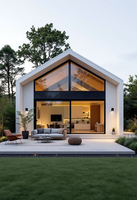 Small Barn House Charming Small House, Adu Ideas Modern, Glass Elevation House, Minimalist Barndominium, Small Glass House Design, Minimalist Small House Design, A Line House, Barn House Architecture, Barnhouse Homes