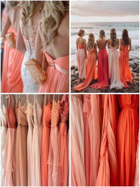 Beach Wedding Ideas Dresses Bridesmaid, Sunrise Bridesmaid Dresses, Sunset Bridesmaid Dresses Color Schemes, Beach Wedding Bridesmaid Dresses Coral, Colors For Beach Wedding, Sunset Bridesmaids, Coral Peach Bridesmaid Dresses, Sunset Color Wedding, Beach Bridesmaids Dresses