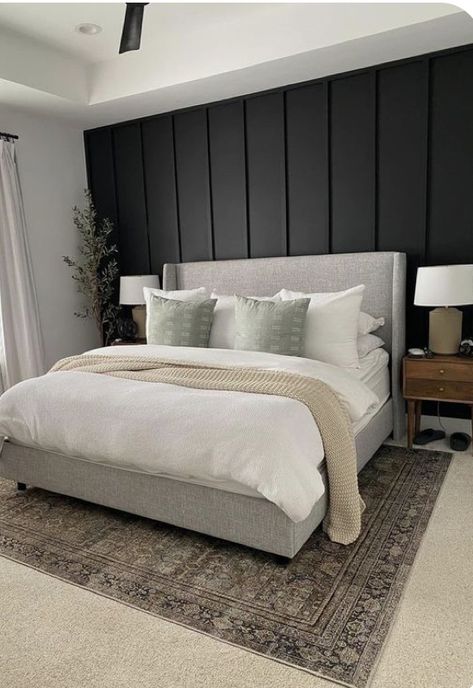 Charcoal Feature Wall Bedroom, Black Wall Grey Headboard, Peppercorn Bedroom Walls, Diy Bedroom Wall Ideas, Soft Bedroom Aesthetic Master, Master Feature Wall, Dark Gray Accent Wall Bedroom, Charcoal Accent Wall Bedroom, Dark Feature Wall Bedroom