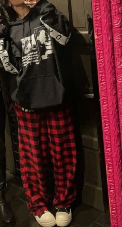 Red Pjs Outfits, Red Plaid Pajama Pants Outfit, Dark Pajamas Aesthetic, Red Pajama Pants Outfit, Pajama Pants And Hoodie, Plaid Pjs Outfit, Red Pj Pants Outfit, Alt Pjs, Outfits With Pj Pants