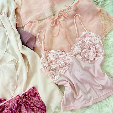 💞pretty in pink collection💞 sharing some items I have for sale! vintage lingerie, camis, and matching sets. lovely pastel colors! hand selected, so dreamy ☁️ purple victoria’s secret slip - size s pink ruffle slip - size s vintage paisley mesh matching set - fits size xs/s vintage lace peach matching set - size m vintage lace pink cami - fits size s/m kimchi blue pastel romper - size xs #angelcore #coquette #lanadelrey #balletcore #softgirl #vintagelingerie Pastel Romper, Stephanie Archer, Southern Gothic Aesthetic, Pastel Lingerie, Lingerie Aesthetic, Betsy Braddock, Vintage Cami, Purple Lingerie, Vintage Paisley