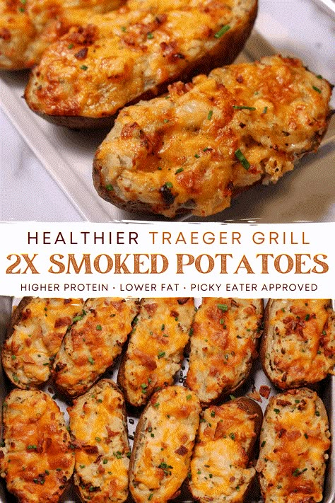 Use your Traeger grill to make smoked bacon, roasted garlic, and baked potatoes all at the same time so you can mash everything together with a creamy, cheesy filling and smoke them to perfection. These twice baked potatoes are a delicious side that's a surprisingly low fat, high protein side dish. If you have a Traeger, you have to give these a try! Traeger Supper Ideas, Ground Beef Traeger Recipes, Sides To Make On The Smoker, Treager Recipes Sides, Vegan Treager Recipes, Side Dishes On Smoker, Traeger Healthy Recipes, Trager Recipes Sides, Low Carb Smoker Recipes