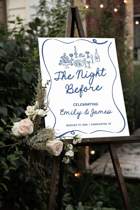 Made just for you to put up at your whimsical wedding rehearsal dinner, this custom the night before sign is the perfect way to welcome wedding party! Perfect for any blue wedding rehearsal dinner, personalize this custom hand drawn rehearsal dinner welcome sign with your names, rehearsal dinner date, and location for a gorgeous addition to your whimsical wedding rehearsal dinner decorations! ♥ SIZES ~ 12x18 inches ~ 18x24 inches ~ 24x36 inches ♥ SIGN MATERIALS ~ Foam board Foam board signs are Rehearsal Dinner Ideas Backyard, Poolside Rehearsal Dinner, The Night Before Napkins, Welcome Sign Rehearsal Dinner, Canvas Welcome Sign Wedding, Blue Rehearsal Dinner Decor, Night Before Wedding Sign, The Night Before Wedding Sign, Rehearsal Dinner Signage