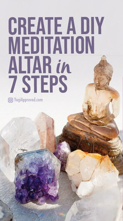 How to Create Your Own Meditation Altar In 7 Steps | YogiApproved.com Mediation Alter Ideas, Diy Meditation Altar, Yoga Altar Meditation Corner, Crystal Altar Ideas Inspiration, Meditation Alter Ideas, Mediation Space Ideas, Meditation Table Ideas, Making An Altar At Home, Diy Altar Ideas