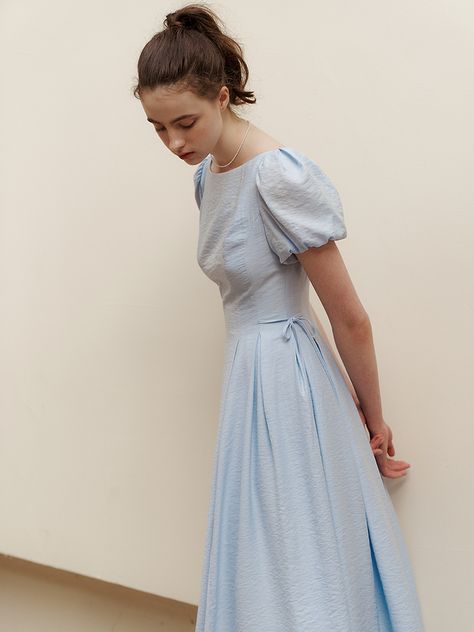 Designer fashion, Seoul-fully created | W Concept Boat Neckline Dress Casual, Blue Puffed Sleeve Dress, Fem Style, 40s Mode, Reign Fashion, Cinderella Dress, Cinderella Dresses, Fairytale Dress, Looks Chic